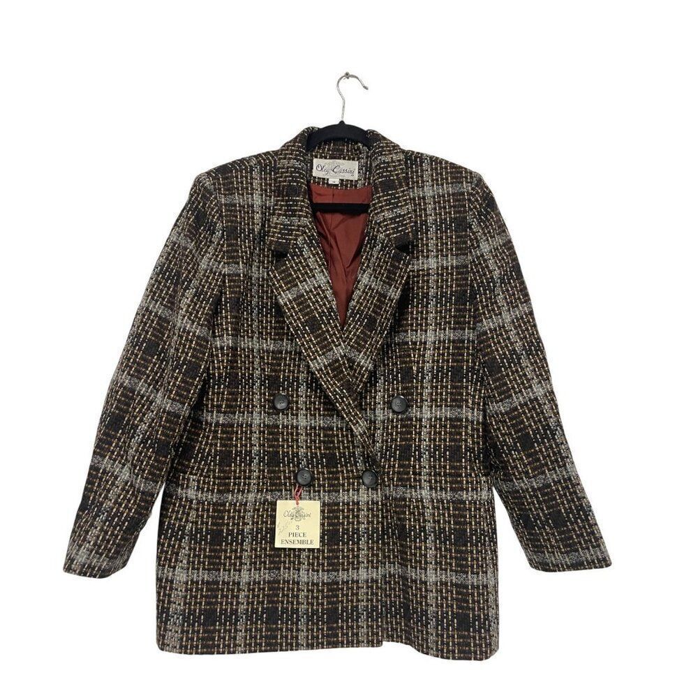 Vinatge Oleg Cassini Womens Blazer Suit Pea Coat Size 14 Brown Plaid Wool NWT